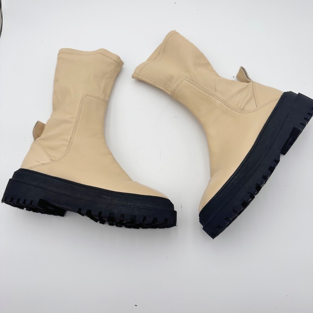 Zara Platform Lug Sole Sock Boots Beige Leather Mid Calf Pull‎ On 40